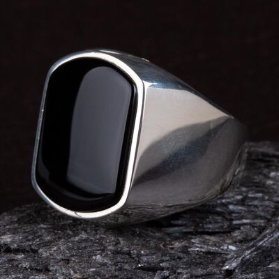 Plain Onyx Black Stone Men's 925 Sterling Silver Ring - 5