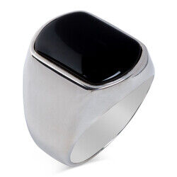 Plain Onyx Black Stone Men's 925 Sterling Silver Ring - 6