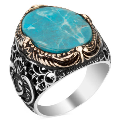 Plain Silver Letter V Mens Ring with Turquoise Chalchuite Stone - 1
