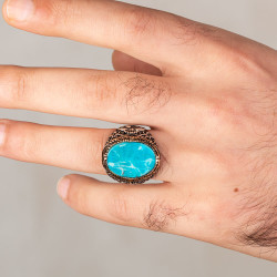 Plain Silver Letter V Mens Ring with Turquoise Chalchuite Stone - 3
