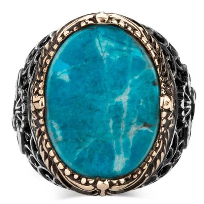 Plain Silver Letter V Mens Ring with Turquoise Chalchuite Stone - 2