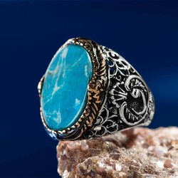 Plain Silver Letter V Mens Ring with Turquoise Chalchuite Stone - 4
