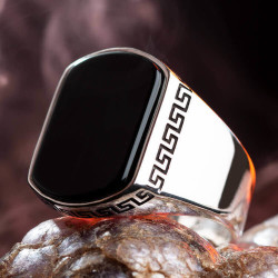 Plain Silver Mens Ring with Black Onyx Stone - 1