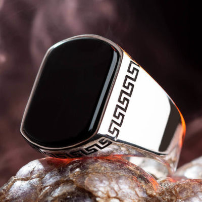 Plain Silver Mens Ring with Black Onyx Stone - 1