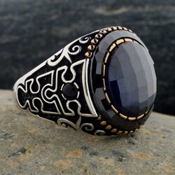 Puzzle Pattern Faceted Blue Zircon Stone Silver Mens Ring - 5