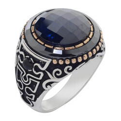 Puzzle Pattern Faceted Blue Zircon Stone Silver Mens Ring - 6