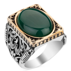 Rectangular Design Silver Mens Ring with Green Oval Agate Stone - 1