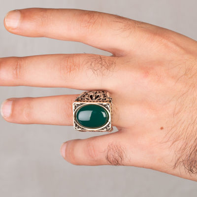 Rectangular Design Silver Mens Ring with Green Oval Agate Stone - 3