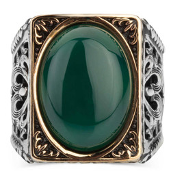 Rectangular Design Silver Mens Ring with Green Oval Agate Stone - 2