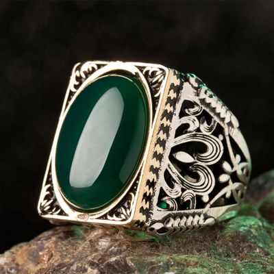 Rectangular Design Silver Mens Ring with Green Oval Agate Stone - 4