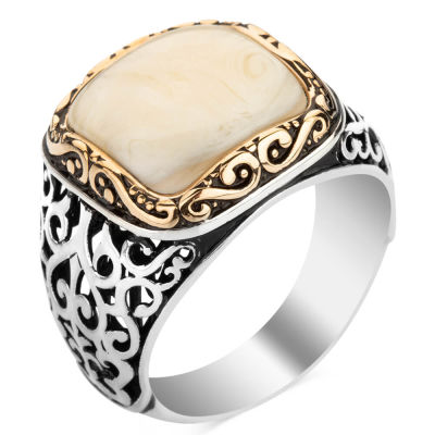 Rectangular Design Silver Mens Ring with Mother of Pearl - 1