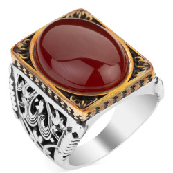 Rectangular Design Silver Mens Ring with Oval Agate Stone 