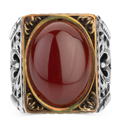 Rectangular Design Silver Mens Ring with Oval Agate Stone - 2
