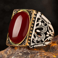 Rectangular Design Silver Mens Ring with Oval Agate Stone - 3