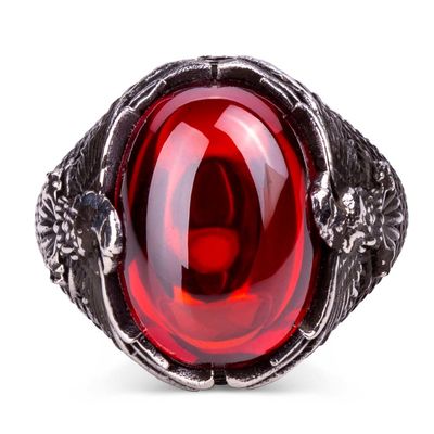 Red Stone Silver Men's Ring with Rising Eagle - 2