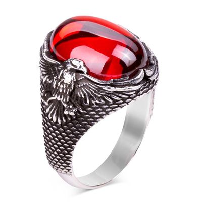 Red Stone Silver Men's Ring with Rising Eagle - 1