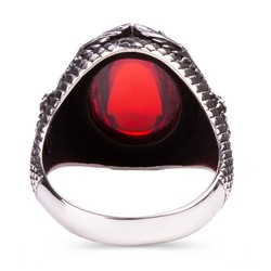 Red Stone Silver Men's Ring with Rising Eagle - 3