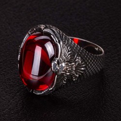 Red Stone Silver Men's Ring with Rising Eagle - 5