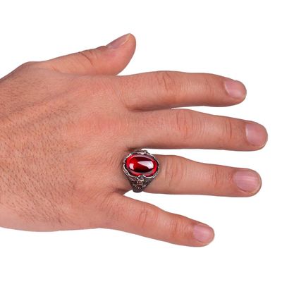 Red Stone Silver Men's Ring with Rising Eagle - 4