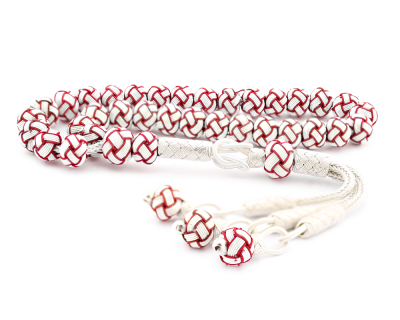 Red White Silver Handmade Braid Wrist Sized Rosary (Tasbih) - 1