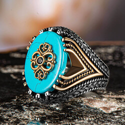 Rococo Pattern Mini Stone Engraving Turquoise Turquoise Stone Silver Men's Ring - 1