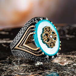 Rococo Pattern Mini Stone Engraving Turquoise Turquoise Stone Silver Men's Ring - 2