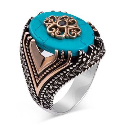 Rococo Pattern Mini Stone Engraving Turquoise Turquoise Stone Silver Men's Ring - 3