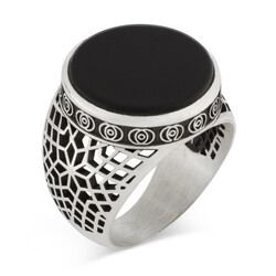 Round Black Onyx Stone 925 Sterling Silver Men's Ring - 1