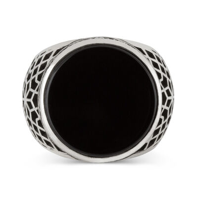 Round Black Onyx Stone 925 Sterling Silver Men's Ring - 2