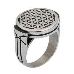 Round Model Flower of Life Silver Men's Ring Silver Color 