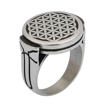 Round Model Flower of Life Silver Men's Ring Silver Color - 1