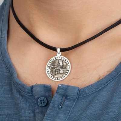 Round Silver Mens Necklace with Ottoman Tughra - 2