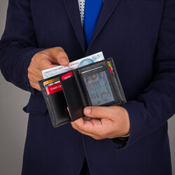 Rozet Alanlı Klasik Erkek Deri Cüzdan Siyah - 5