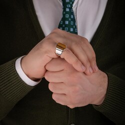 Sade Model Kahverengi Kaplangözü Taşlı Gümüş Erkek Yüzük - 5