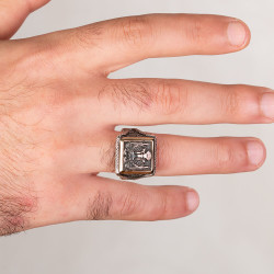 Selçuklu Kartalı Kare Tasarım Erkek Gümüş Yüzüğü - 3