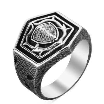 Shield Design Aged Silver Ring - 2