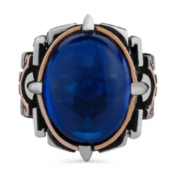 Shield Design Oval Blue Zircon Stone Sterling Silver Men's Ring - 2