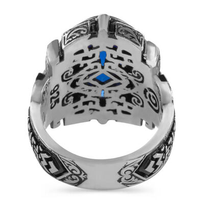 Shield Design Oval Blue Zircon Stone Sterling Silver Men's Ring - 3