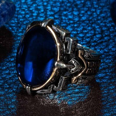 Shield Design Oval Blue Zircon Stone Sterling Silver Men's Ring - 6