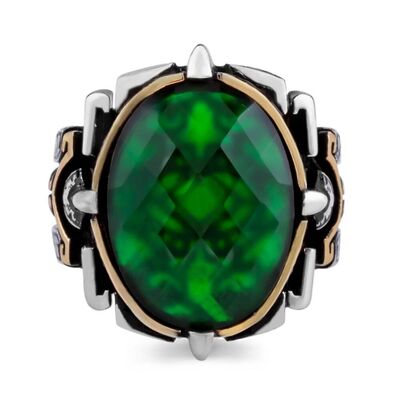 Shield Design Oval Green Zircon Stone Facet Cut Sterling Silver Men's Ring - 2