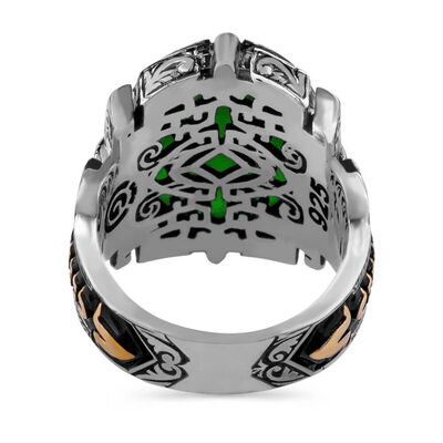 Shield Design Oval Green Zircon Stone Facet Cut Sterling Silver Men's Ring - 3