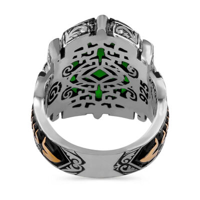 Shield Design Oval Green Zircon Stone Facet Cut Sterling Silver Men's Ring - 3