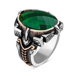 Shield Design Oval Green Zircon Stone Facet Cut Sterling Silver Men's Ring - 1