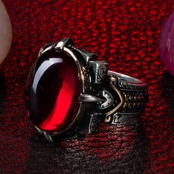 Shield Design Oval Red Zircon Stone Sterling Silver Men's Ring - 7