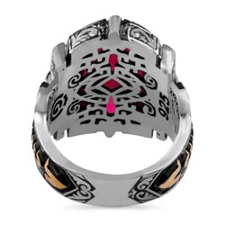 Shield Design Oval Red Zircon Stone Sterling Silver Men's Ring - 3