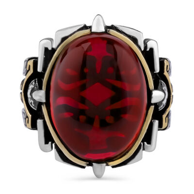 Shield Design Oval Red Zircon Stone Sterling Silver Men's Ring - 2