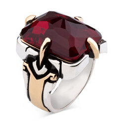 Shield Design Red Zircon Stone Facet Cut Sterling Silver Men's Ring - 1