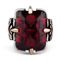 Shield Design Red Zircon Stone Facet Cut Sterling Silver Men's Ring - 2