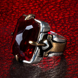 Shield Design Red Zircon Stone Facet Cut Sterling Silver Men's Ring - 6