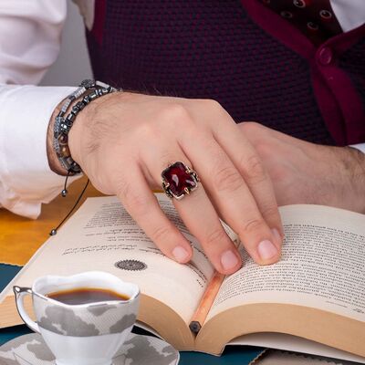 Shield Design Red Zircon Stone Facet Cut Sterling Silver Men's Ring - 4